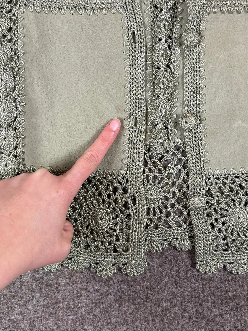 Vintage Sage Green Suede Leather Patchwork Crochet Cardigan Jacket Women’s Large